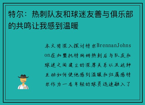 特尔：热刺队友和球迷友善与俱乐部的共鸣让我感到温暖