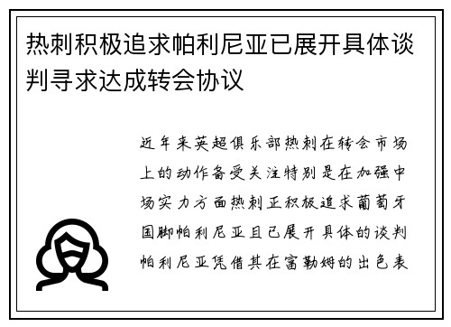 热刺积极追求帕利尼亚已展开具体谈判寻求达成转会协议